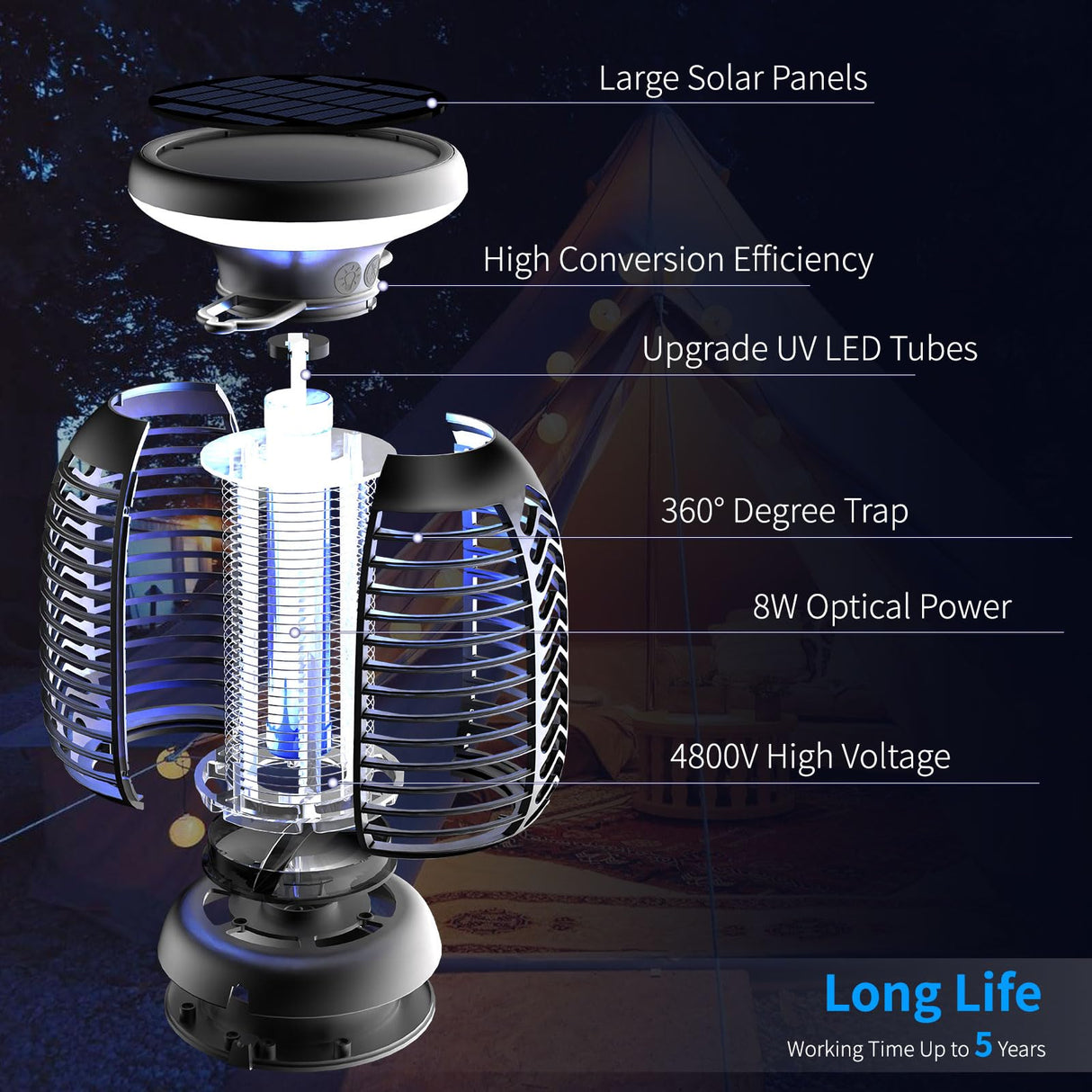 Solar Bug Zapper Outdoor,Mosquito Zapper with LED Light | 4000mAh | IP66 Waterproof | 2200V High Voltage Grid,Fly Zapper,Electric Fly Traps,Mosquito Killer Bug Zapper for Home, Patio, Lawn & Garden