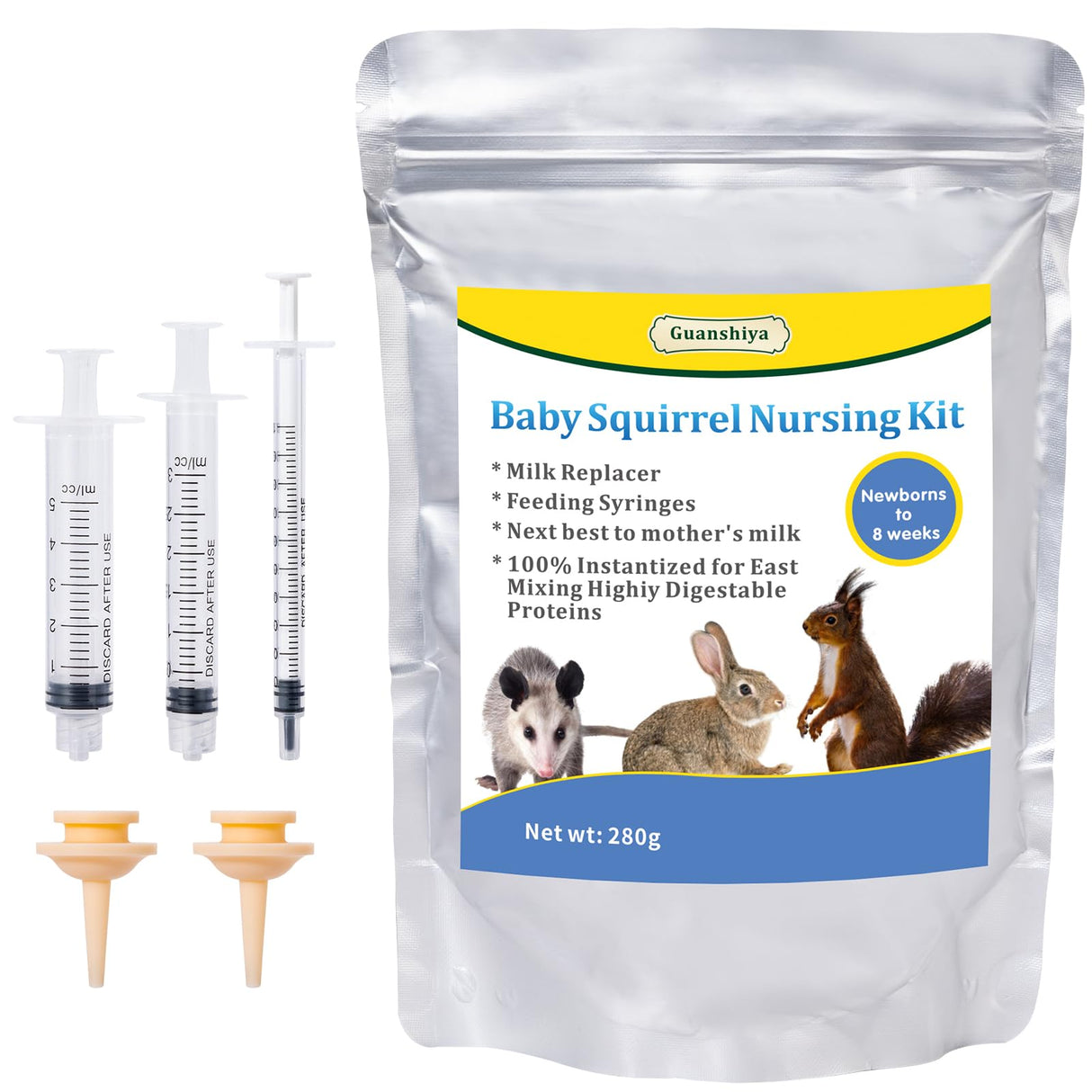 Baby Squirrel Formula Kit,100% Instantized for Mixing Digestible Proteins, Milk Replacer for Squirrel, Rabbit, Opossum, with Feeding Syringes(280 g)