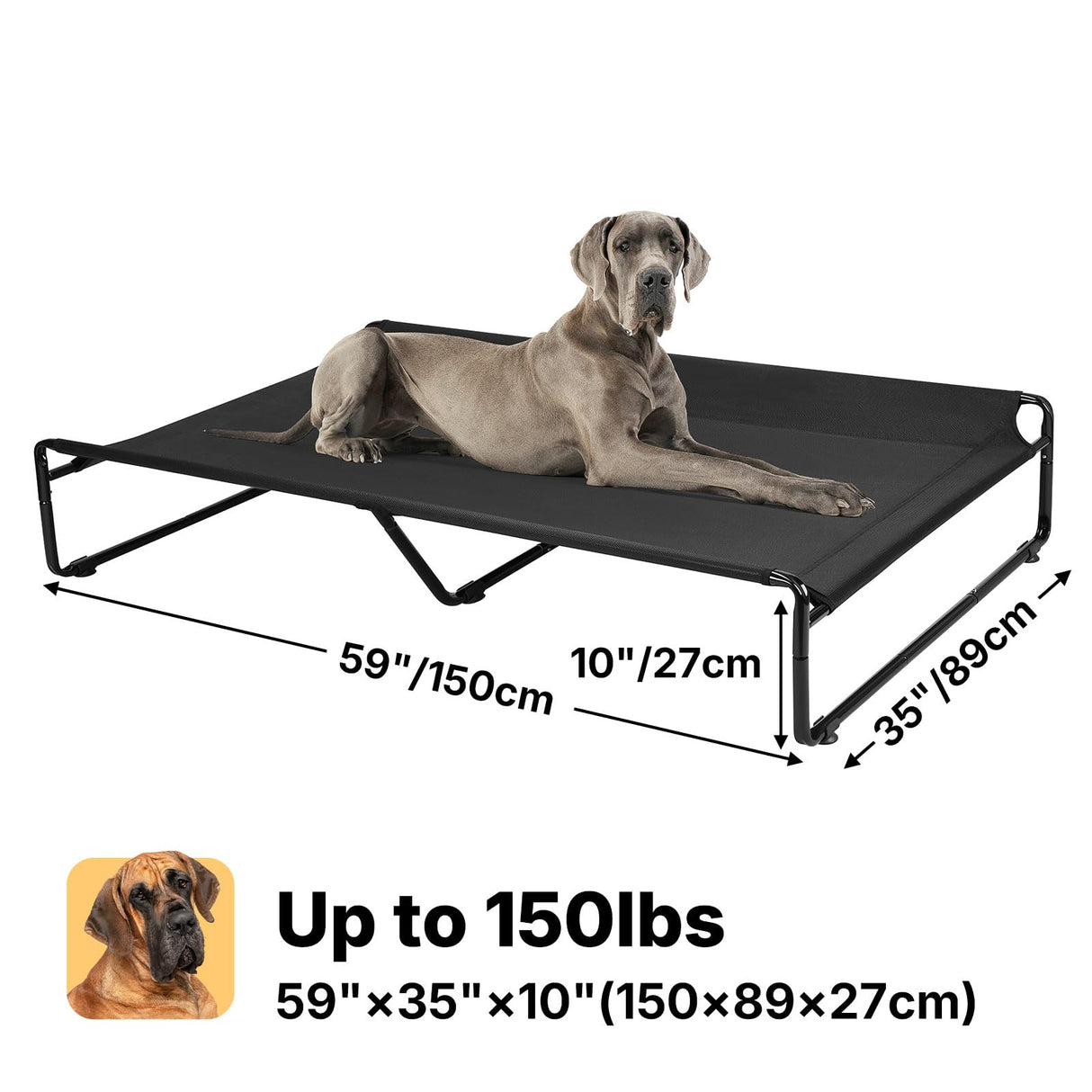 Veehoo Original Outdoor Elevated Dog Bed, Cooling Raised Dog Cot for Large Dogs, Portable Standing Pet Hammock Platform with Washable Breathable Mesh, No-Slip Feet, XX-Large, Black, CWC2201
