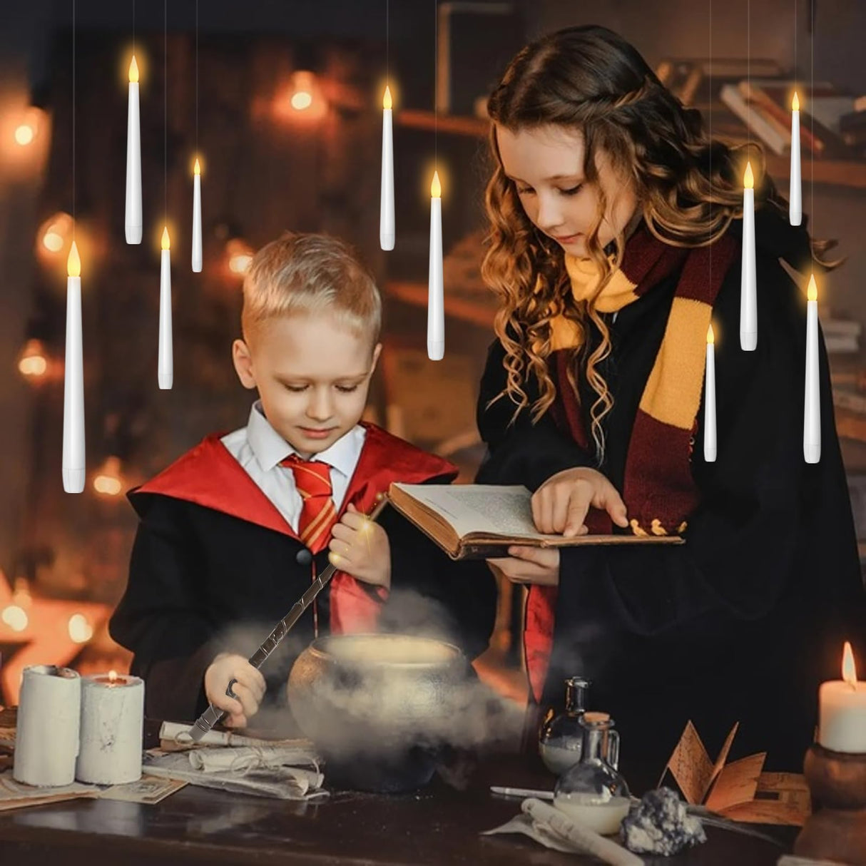 kakoya Flameless Floating Candles with Wand,20 Pcs Magic LED Hanging Taper Candles,Flickering Battery Operated Taper Candle with Wand Remote for Halloween Decorations Best Gift(White)