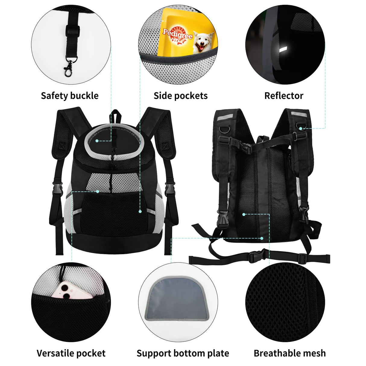 Dog Backpack Carrier, Front Chest Carrier for Cat Small Dogs, Pet Carrying Bag for Travel Hiking Cycling Outdoor Black S (Suggested Pet Height 7-10 in, 2-6 lbs)