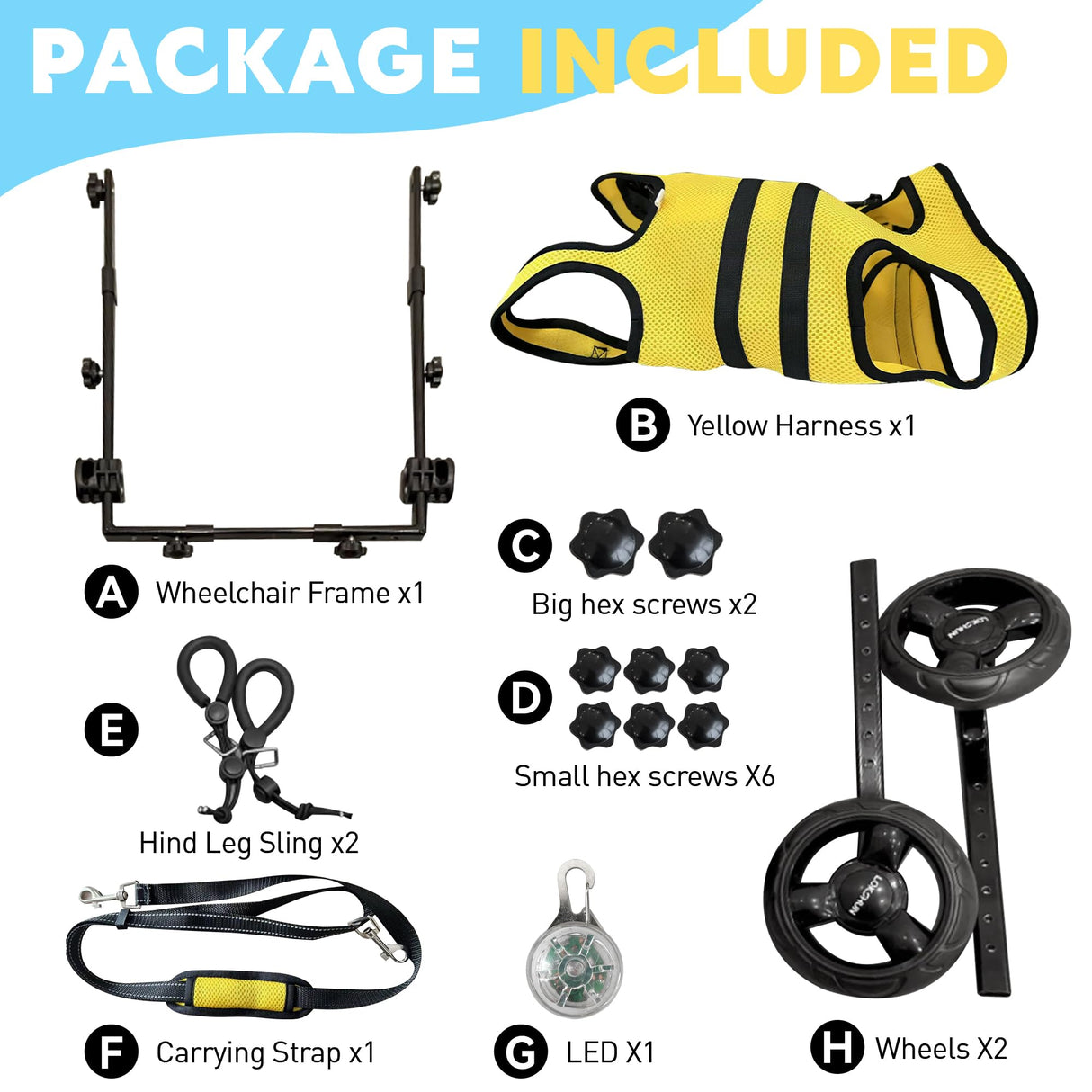LOKSHUN Small Dog Wheelchair for Back Legs, Adjustable Rear Leg Mobility Support for Small Dogs up to 22 lbs, Lightweight Dog Mobility Cart with 2-in-1 Leash, LED Light, Heavy-Duty Wheels (Yellow-S).