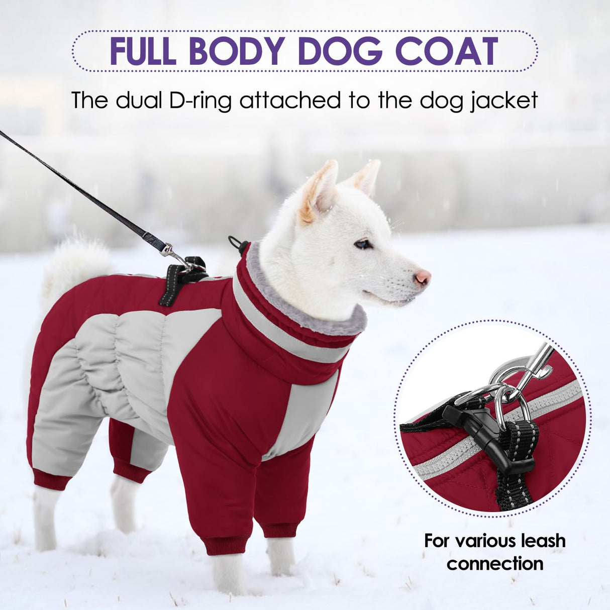 SUNFURA Full Body Dog Coat - Warm Fleece Jacket for Large Dogs, Turtleneck Winter Coats with Harness, Reflective Dog Snowsuit Windproof Puffer Jackets with Legs for Weimaraner, Burgundy XL