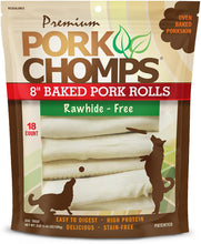 Load image into Gallery viewer, Pork Chomps Baked Pork Skin Dog Chews, 8-inch Rolls, 18 Count (Pack of 1)