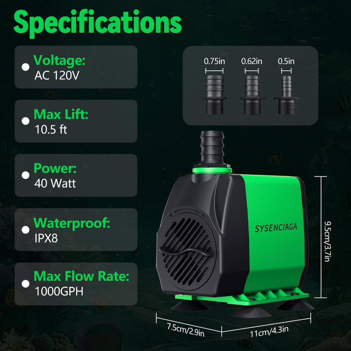 40W Fountain Submersible Water Pump, 1000GPH Adjustable Ultra Quiet Aquarium Pump, Small Pond Pump with 3 Nozzles, 10.5ft High Lift for Small Pond, Fish tank, Waterfall, Outdoor, Hydroponics