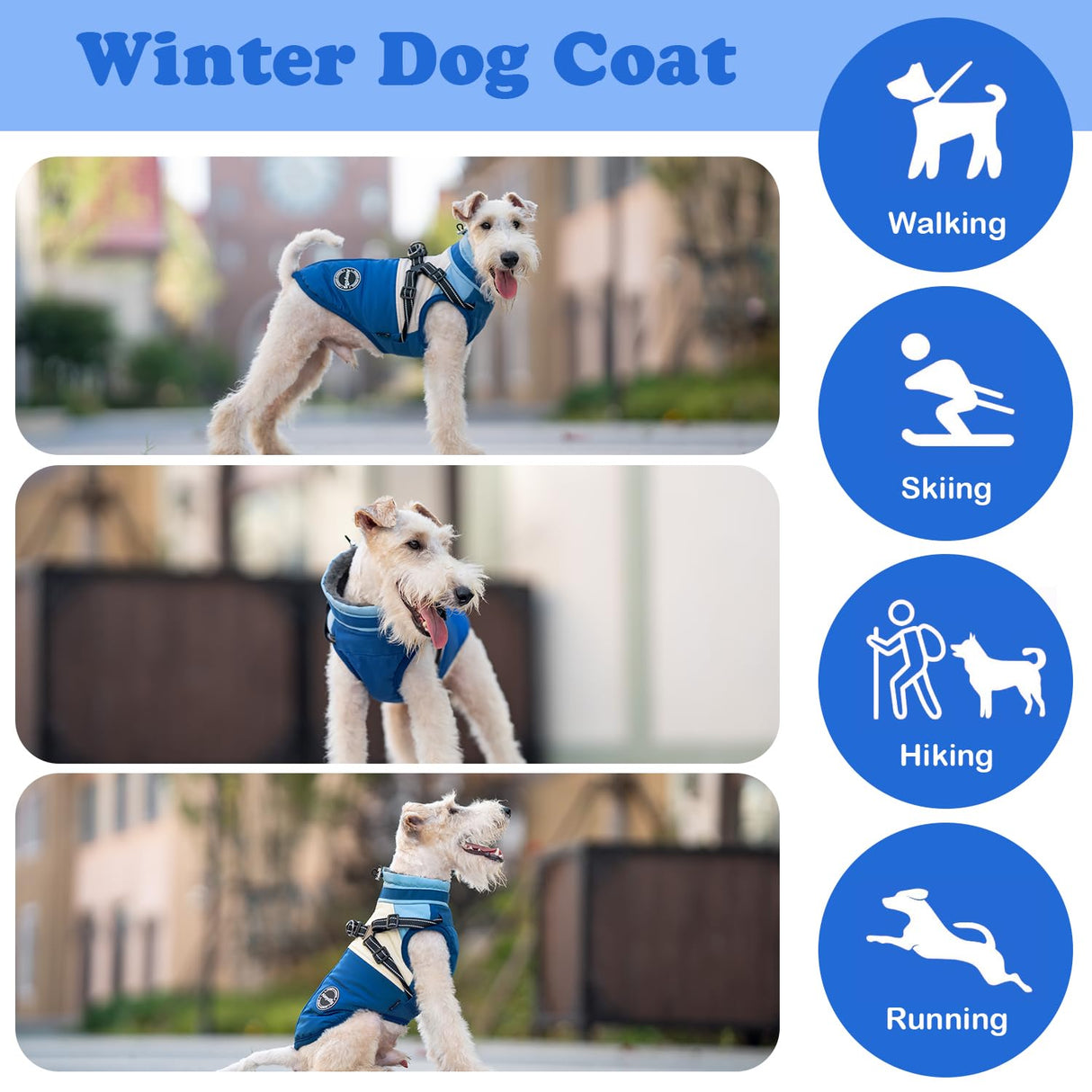 AIMYDOG Winter Coat, Waterproof Jacket, Warm Turtleneck Fleece Vest With Built-in Harness, Reflective Snow Jacket Snowsuit for Small Medium Large Dogs, Blue M