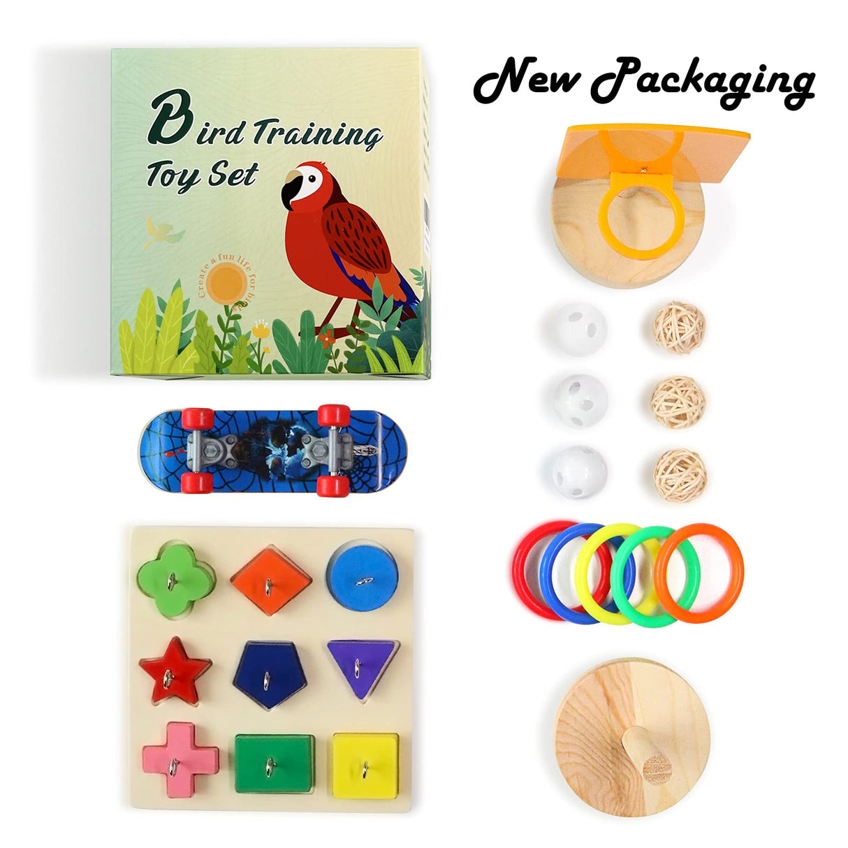 Bird Toys for Parakeets,5pcs Parrot Toys Set (Include Basketball Hop,Skateboard,Stacking,Parrot Wooden Block Puzzles,Small Sepak Takraw) Parakeet Toys for Bird Training Toys
