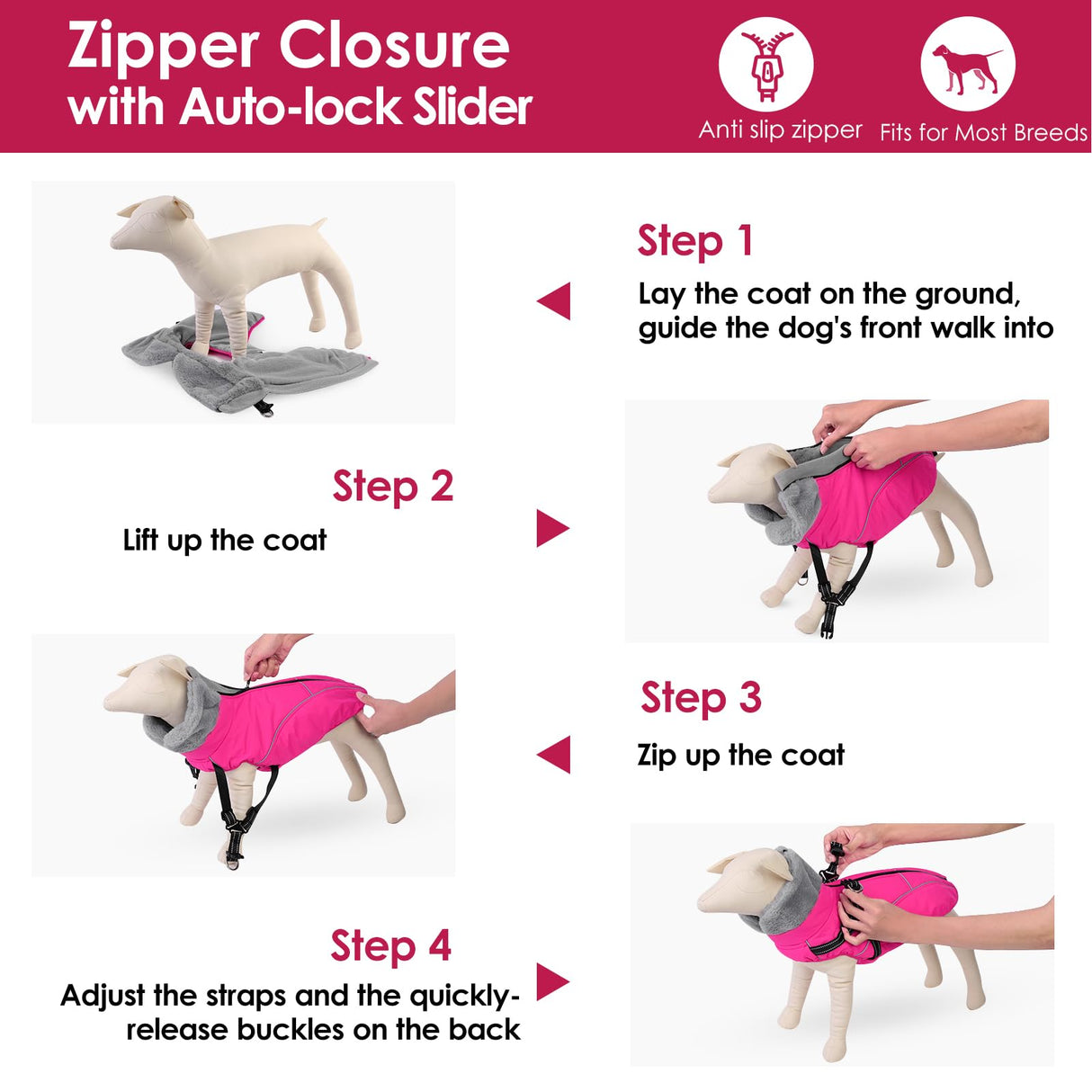 AOFITEE Dog Winter Coat, Waterproof Dog Jacket with Harness Built in, Warm Fleece Dogs Coats for Medium Dogs, Reflective Cozy Thermal Pet Puffer Jacket Snowsuit with Zipper & Furry Collar, Pink M