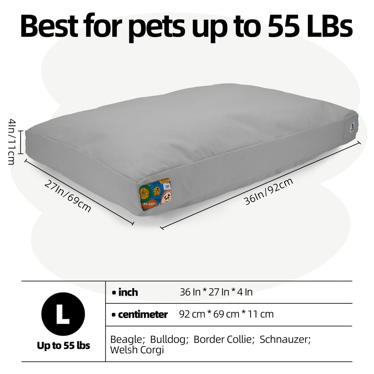 Sytopia 36 Inch Canvas Indestructible Outdoor Dog Bed for Large Dogs, Waterproof Washable Removable Cover, Indoor Patio Pet Pad for Crate, Light Grey
