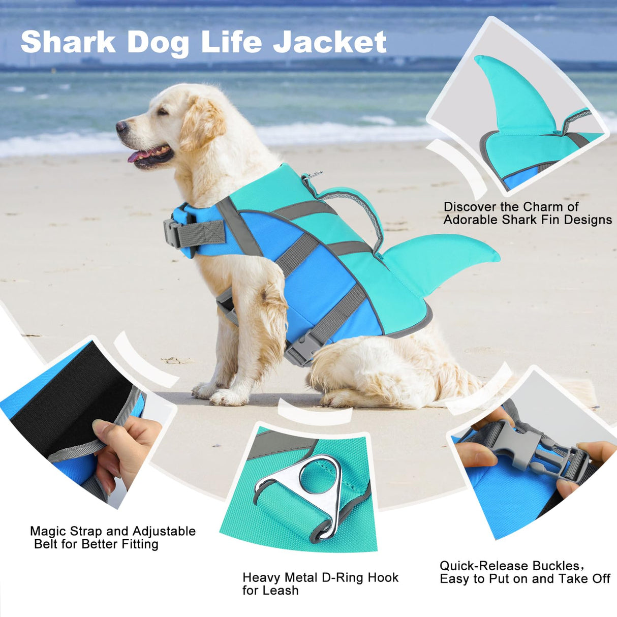 Doglay Shark Dog Life Jacket - Reflective Dog Life Vest for Swimming and Boating with Rescue Handle, Adjustable High Buoyancy Floating Vest for Small Medium Large Dogs