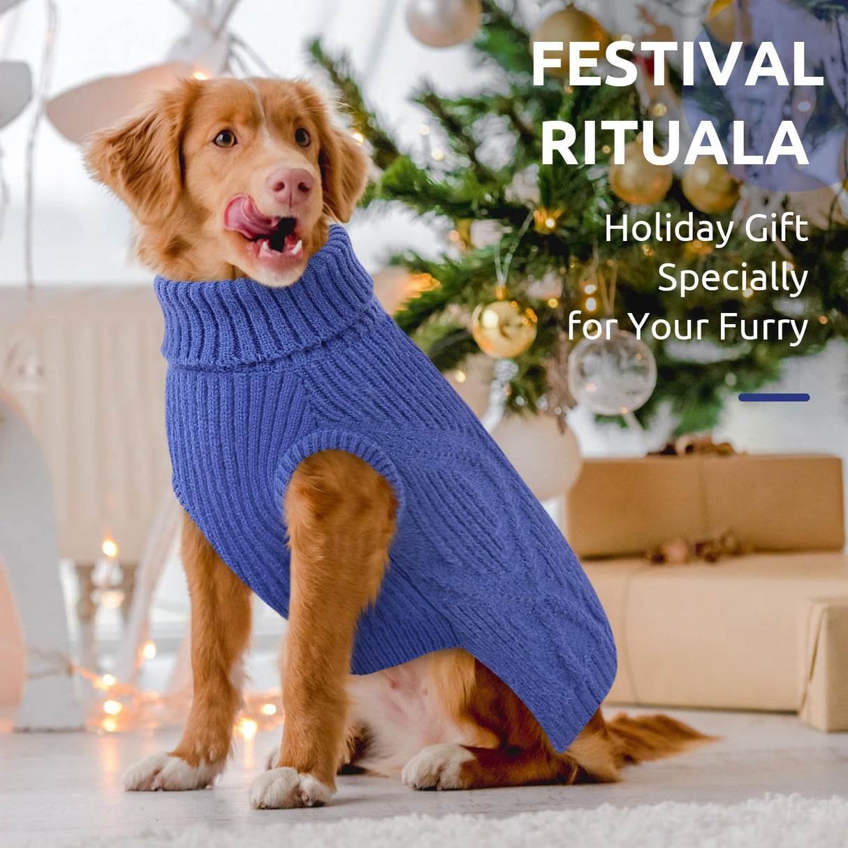 Queenmore Large Dog Sweater, Dog Sweaters for Large Dogs, Thanksgiving Fall Knit Pet Kintwear, Turtleneck Stretchy Christmas Pet Sweater, Winter Warm Clothes for Labrador, Doberman, Royal Blue,2XL