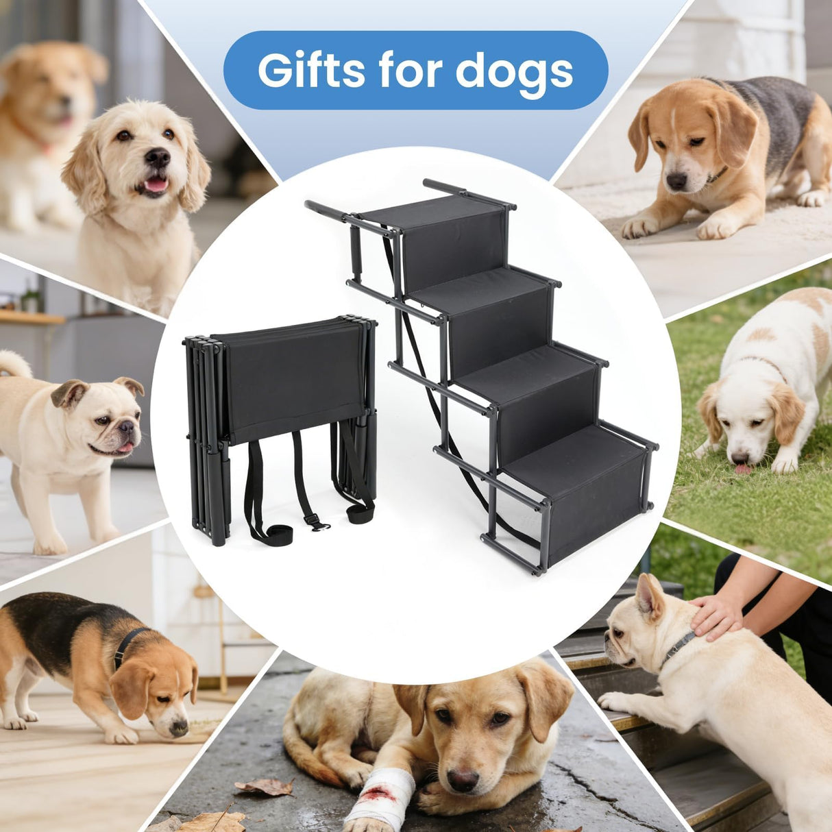 Extra Wide 4 Steps Dog Vehicle Ramps | Portable Non-Slip Pet Stairs for Cars, Trucks & SUVs | Folding Dog Ladder for High Beds | Supports Up to 200 Lbs