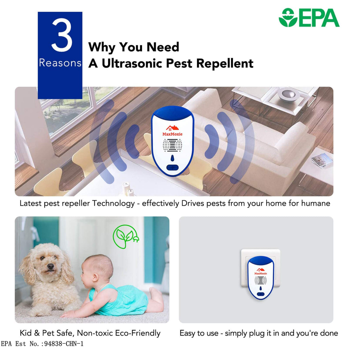 MaxMoxie Ultrasonic Pest Repeller, Humane Mice Control Electronic Insect Repellent, Reject Rodent Bed Bug Spider Rat