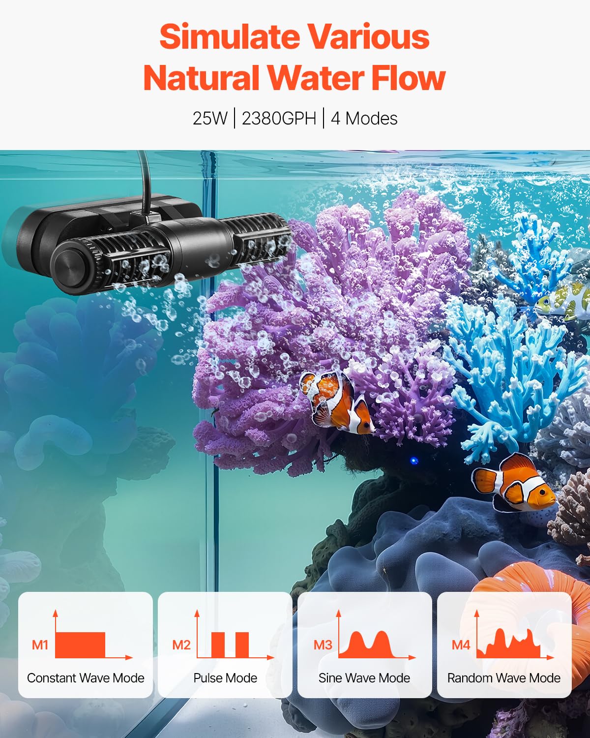 VEVOR Aquarium Wave Maker, 25W, 2380 GPH Adjustable Cross Flow Pump with Controller, Magnetic DC 24V Aquarium Powerhead, Strong Magnetic Base, 360° Rotating Wavemaker, for Saltwater Marine Freshwater