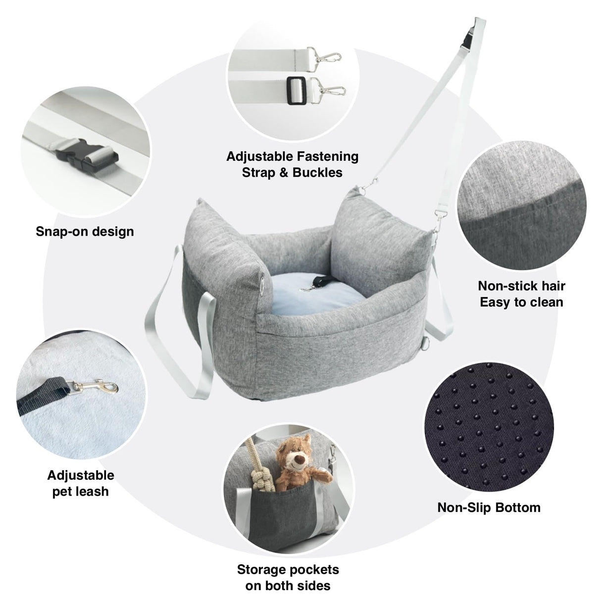 HAZOOWILL Pet Car Booster Seat for Small Dogs up to 25 lbs with Safety Straps, Storage Pockets, Travel Carrier Bed with Detachable Cover, Machine Washable (Light Gray)