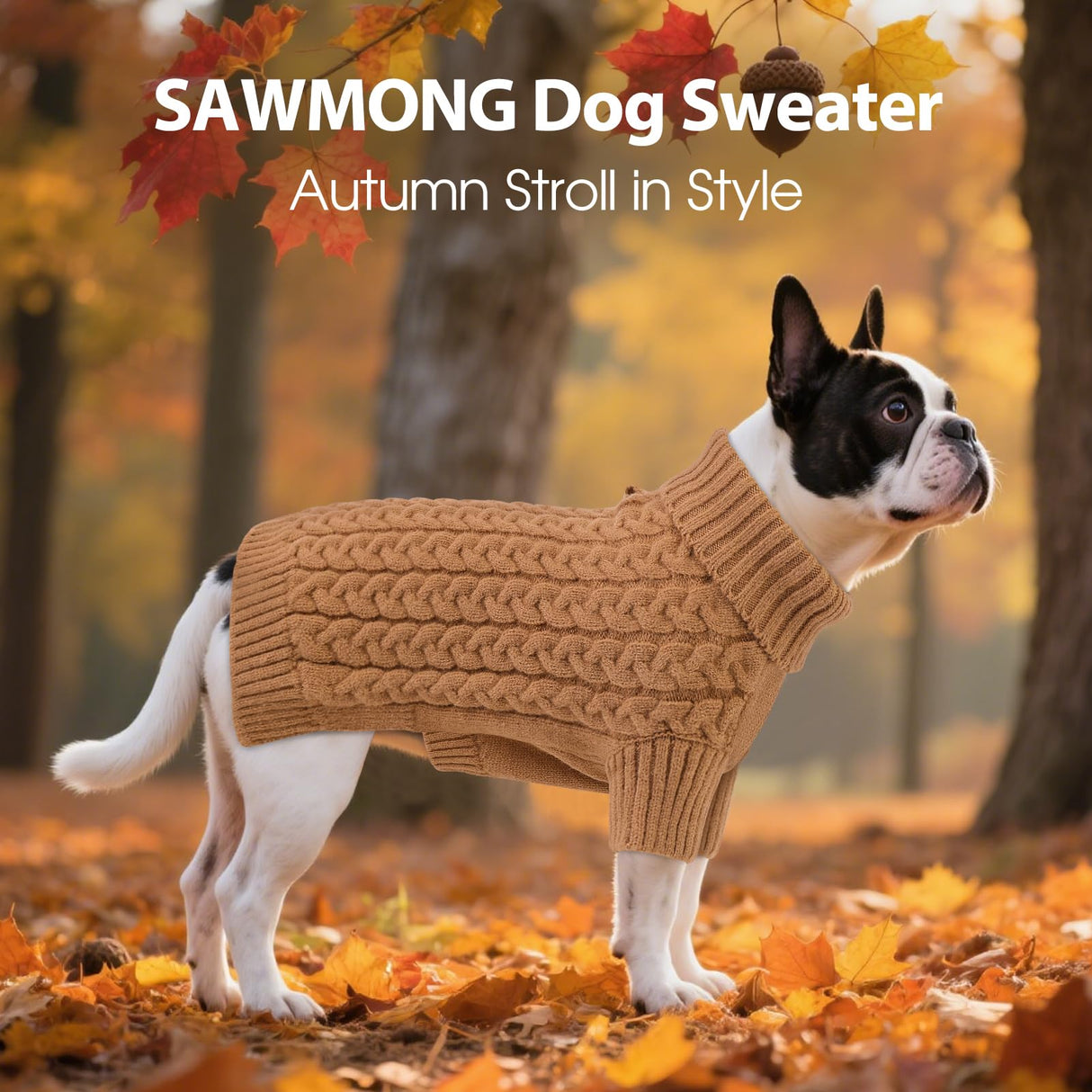 SAWMONG Dog Sweater, Dog Sweaters for Small Dogs Girls Boys, Pullover Turtleneck Knitted Doggy Sweatshirt, Cold Weather Pet Clothes(Khaki, Small