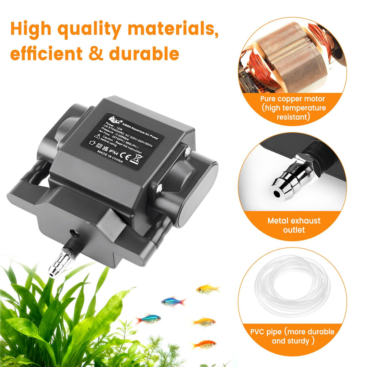 AQQA Powerful Aquarium Air Pump Adjustable Oxygen Aerator with 4 Air Outlets, All Accessories Included for Large Fish Tanks, Ponds & Hydroponic Systems, Commercial Use, Up to 600 Gal (12W, 257 GPH)