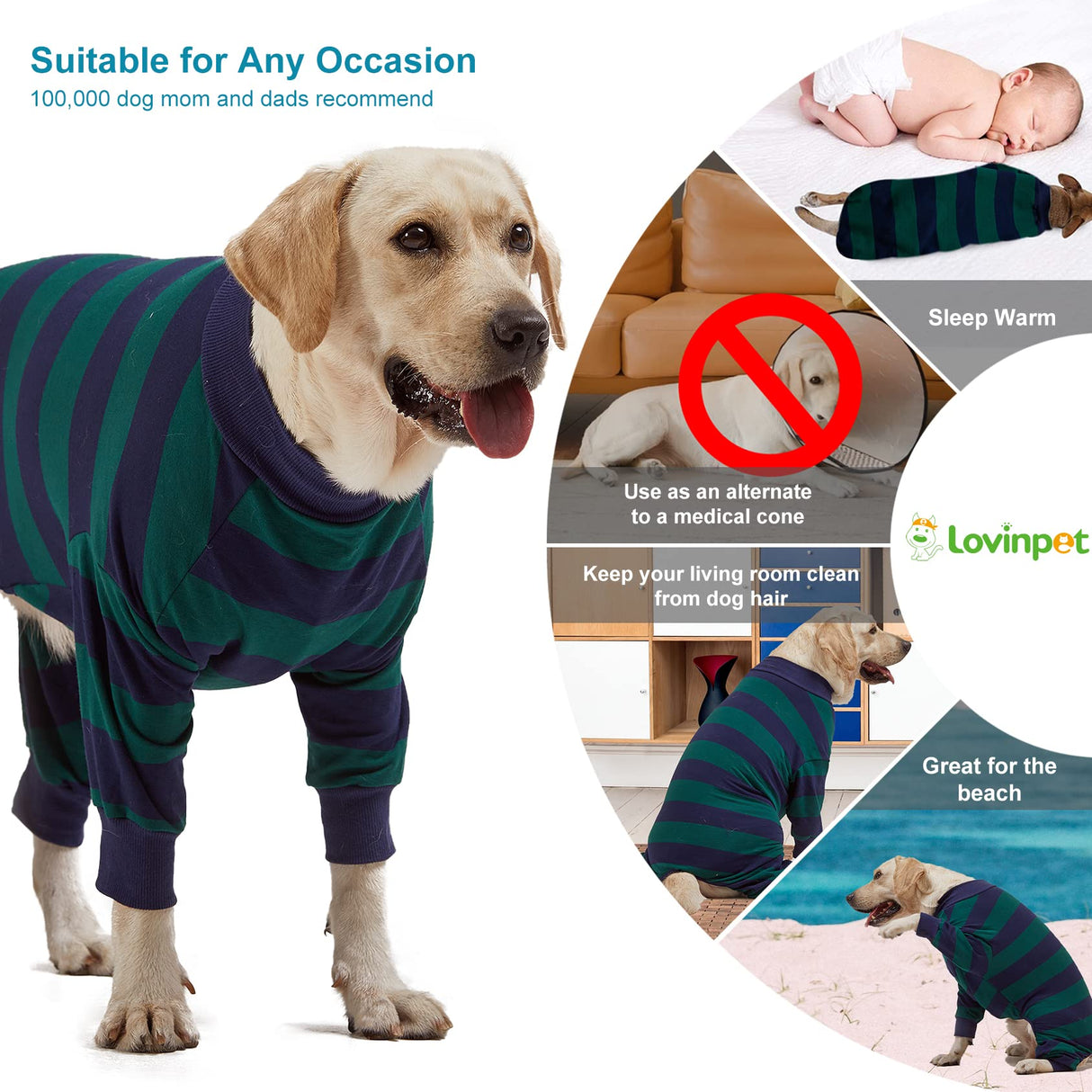 LovinPet Large Dog Pajamas Bodysuit, Lightweight Stretchy Knit Pullover Dog Onesie, Pet Pajamas for Dogs, Green and Black Stripe Print Dog Shirt, UV Protection, Stop Shedding for Dogs, Pet PJ's, 2XL
