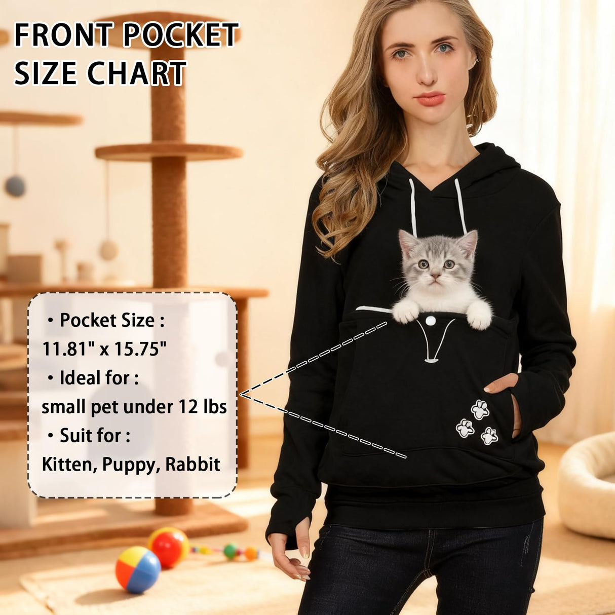 XUDREZ Unisex Big Pouch Hoodie Long Sleeve Pet Dog Holder Carrier Sweatshirt Hooded Pocket Kangaroo Hoodie (Black,L)