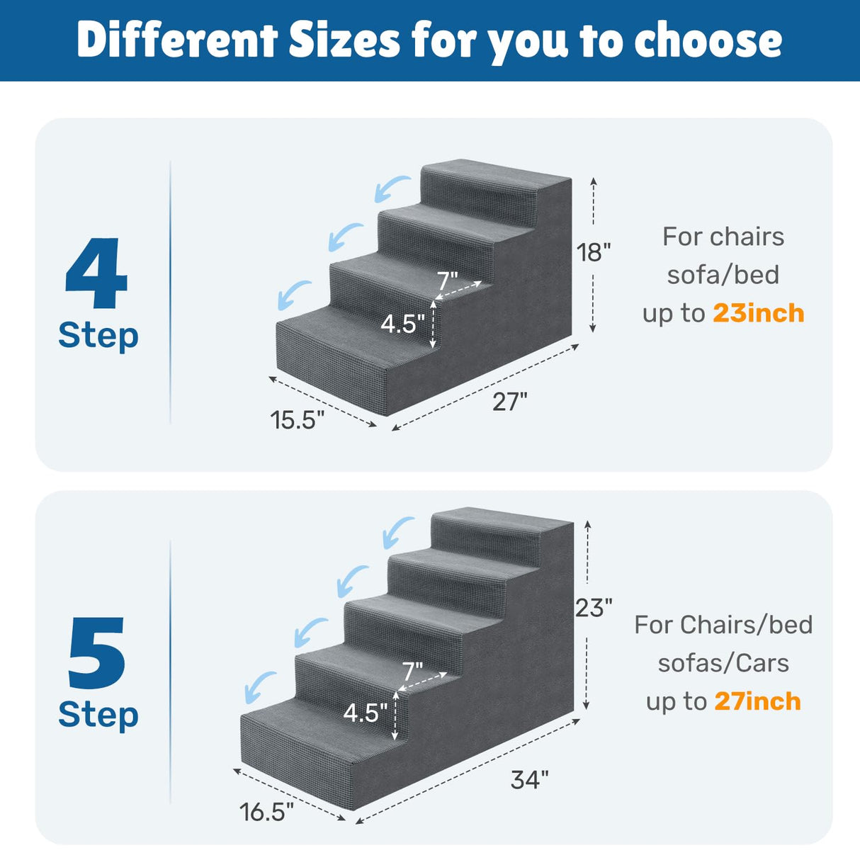 Dog Steps for Bed, 18" H Dog Stairs for Small Dogs, 4-Tier Pet Stairs with Washable Cover, Non-Slip Pet Steps for Dogs to Get On Bed