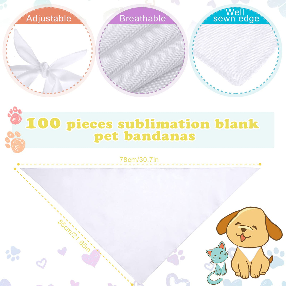 Kacctyen 100 Pcs Sublimation Blank Dog Bandanas Heat Transfer Washable Triangle Scarf DIY Sublimation PET Bandana Bib Kerchief Puppy Accessories for Dogs Cat, White(30.71 x 21.65 Inch)