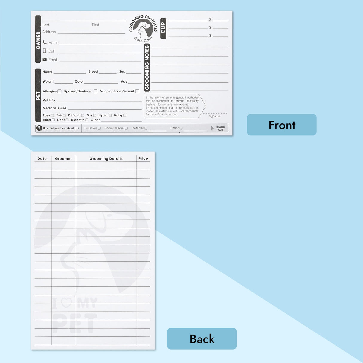 Juvale Pet Grooming Cards - Double-Sided Dog Grooming Client Cards - Pack of 100, 8 x 5 in