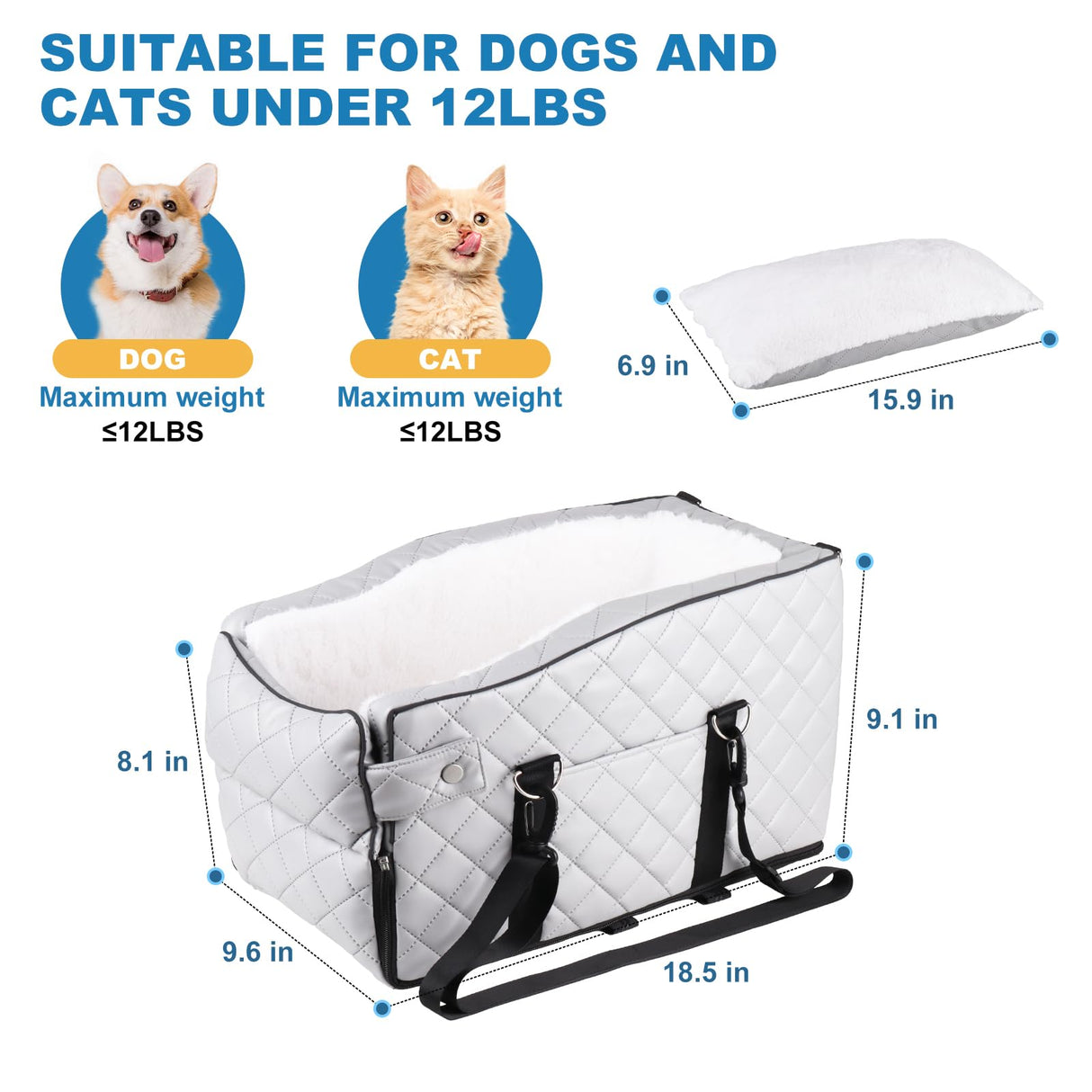 PU Center Console Dog Car Seat for Small Dogs Up to 12lbs, Portable Dogs Armrest Booster Seat with Adjustable Straps & Storage Pocket (Grey PU)