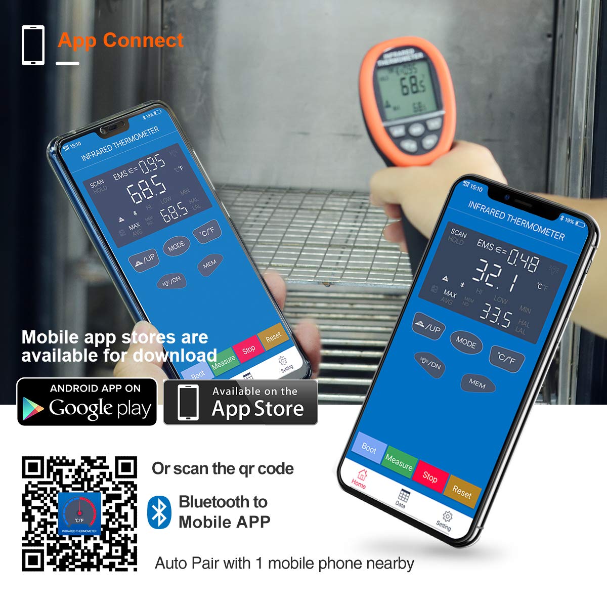 Infrared Thermometer with Bluetooth AP-985C-APP Range from -58β~1472β(-50βο½800β),16:1Laser Temperature Measure Gun, Data Record, Adjustable Emissivity for Forge Cooking