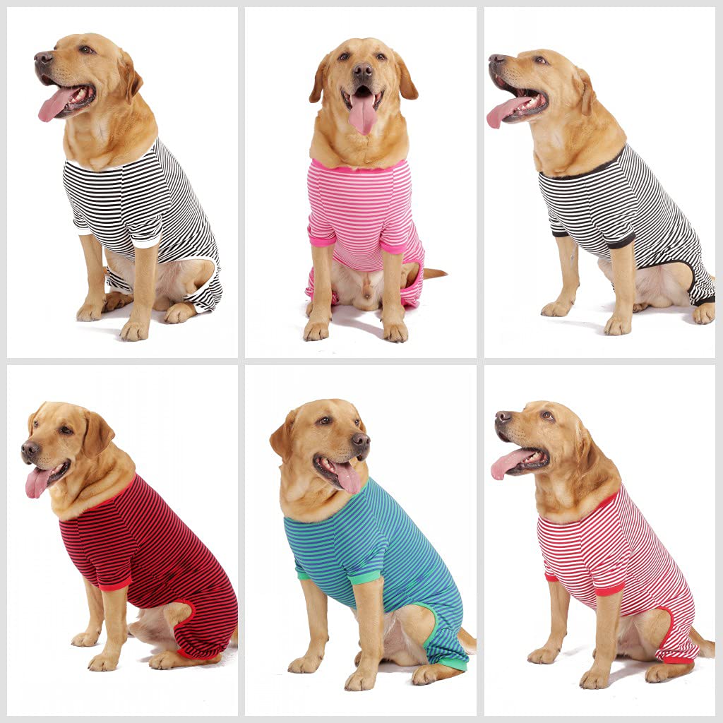 Dog Pajamas Cotton Striped Pup Jumpsuit, Breathable 4 Legs Basic Pjs Shirts for Puppy and Cat, Super Soft Stretchable Dog Jammies for Boys and Girls (X-Large, Pink+Green)