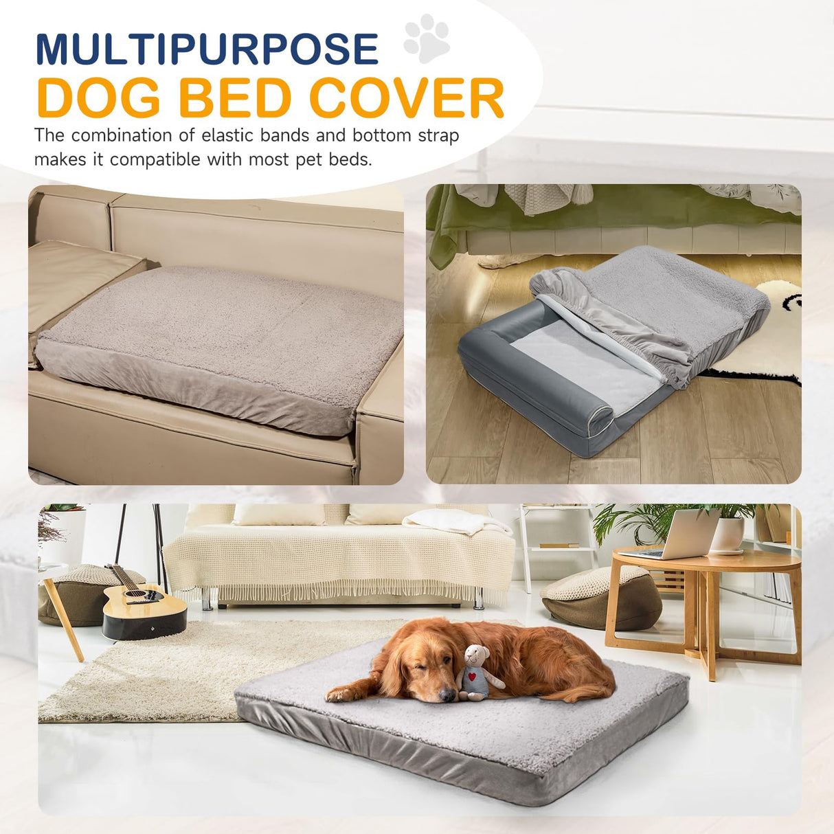 Sunsleek Dog Bed Cover Replacement - Washable, Waterproof, Quilted Sofa Pillow Cover for Dogs/Cats - Ultra Soft Plush Pet Bed (Grey, 44.0" L x 32.0" W x 8.0" Th)