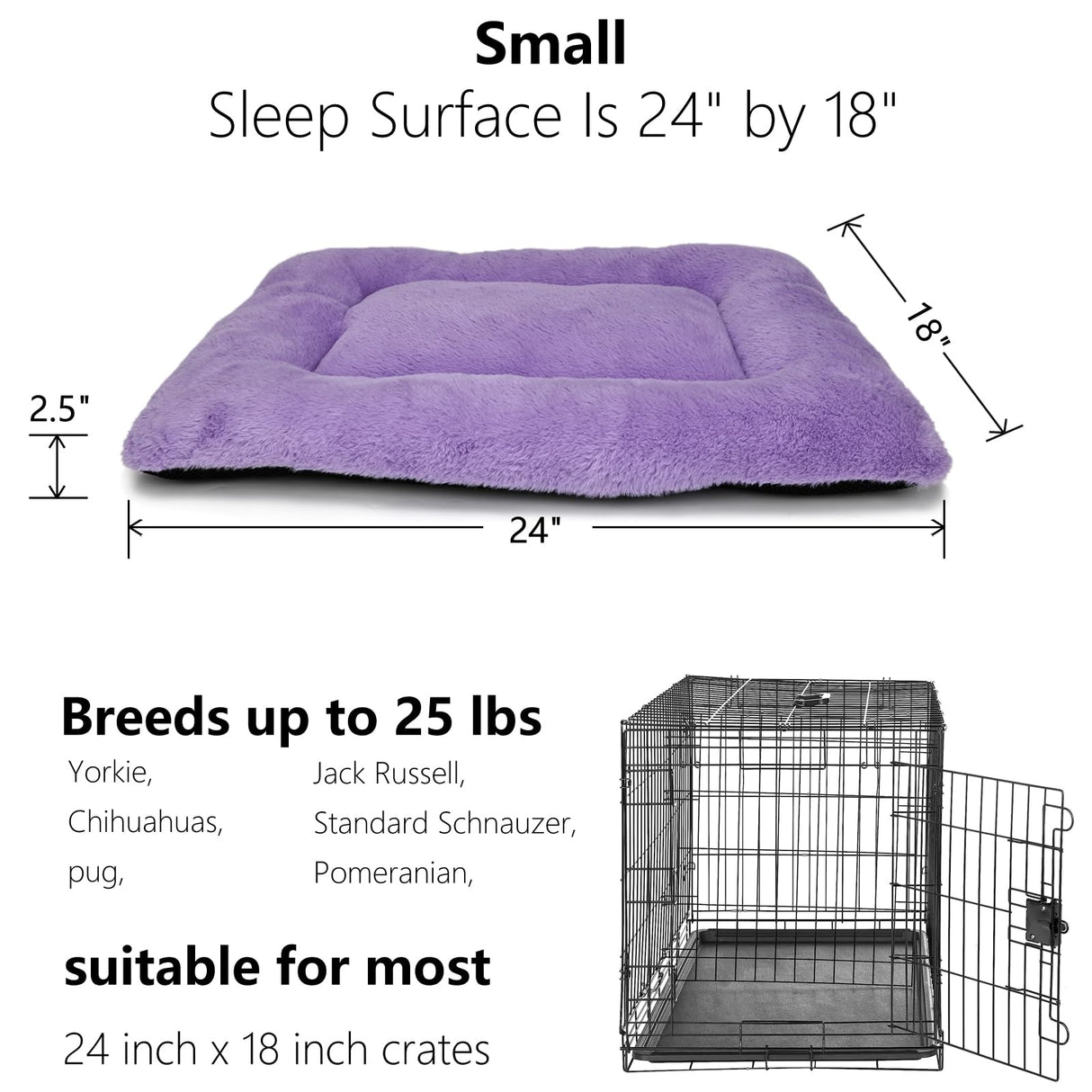 Wrkfree Dog Crate Bed 24 x 18 Purple for Small Dogs - Washable Comfy Fluffy for 24 Inches Cage Kennel - Indoor and Outdoor Use