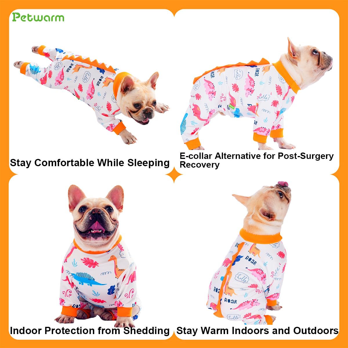 PetWarm Dog Pajamas, Dog Dinosaur PJs, All-Season Use for AC Rooms and Warm Days, Travel-Friendly for Road Trips, for Family Photos and Everyday Use, Dinosaur Print, Orange, 2XL