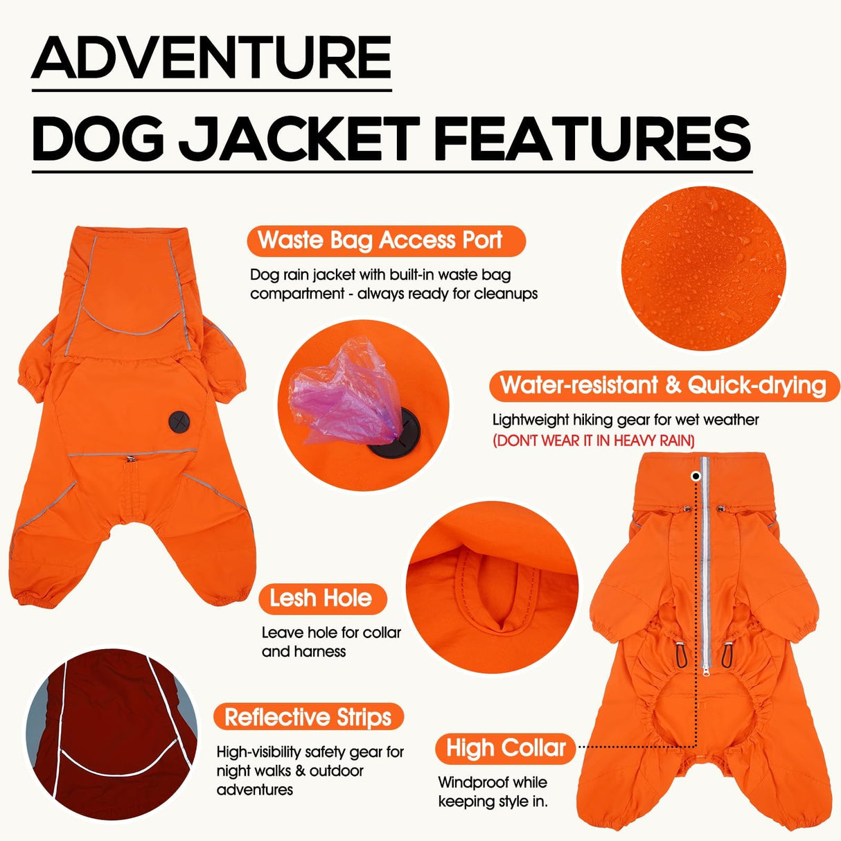 Dora Bridal Windproof Dog Jacket, Lightweight Water Resistant Dog Coat, Adjustable Four-Legged Reflective Dogs Raincoat, Thin Anti-Static Dogs Windbreaker for Hiking Waking(Orange, 2XL)