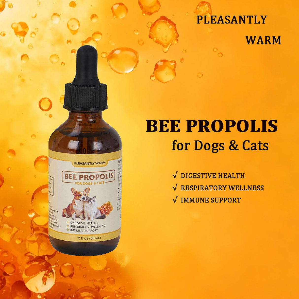 Pleasantly Warm Bee Propolis for Dogs & Cats, Liquid Dental Care Supplement for Oral Hygiene & Immune Support, Helps Freshen Breath & Soothe Gums, Natural Flavonoids, 2 fl oz