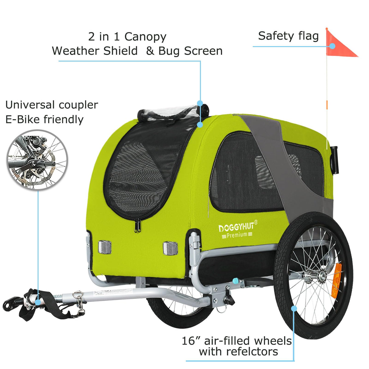 DOGGYHUT® Premium M Pet Bike Trailer & Stroller 2-in-1,for Dogs up to 50 lbs,Parking Brakes,Easy Folding Cart Frame, Universal Bicycle Coupler,E-Bike Friendly (Lime Green)