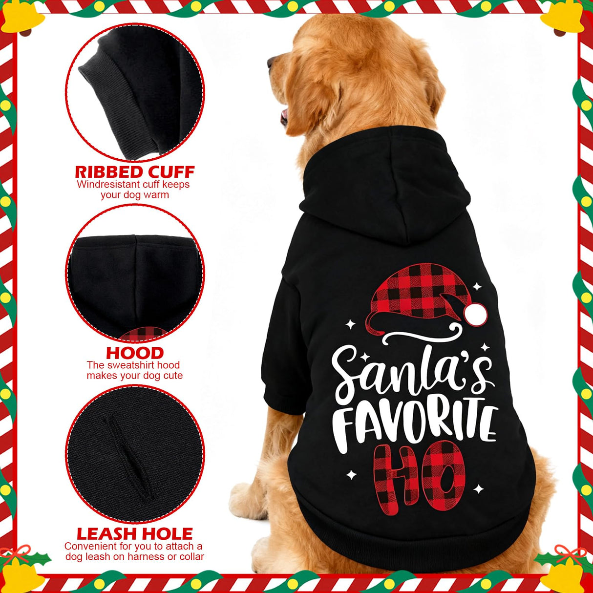 EXPAWLORER Dog Christmas Hoodie - Dog Christmas Sweater Xmas Sweatshirt with Santa Hat Print, Warm Fleece Lined Holiday Pet Outfit with Leash Hole, Cozy Soft Pet Clothes Coat for Large Dogs, 2XL