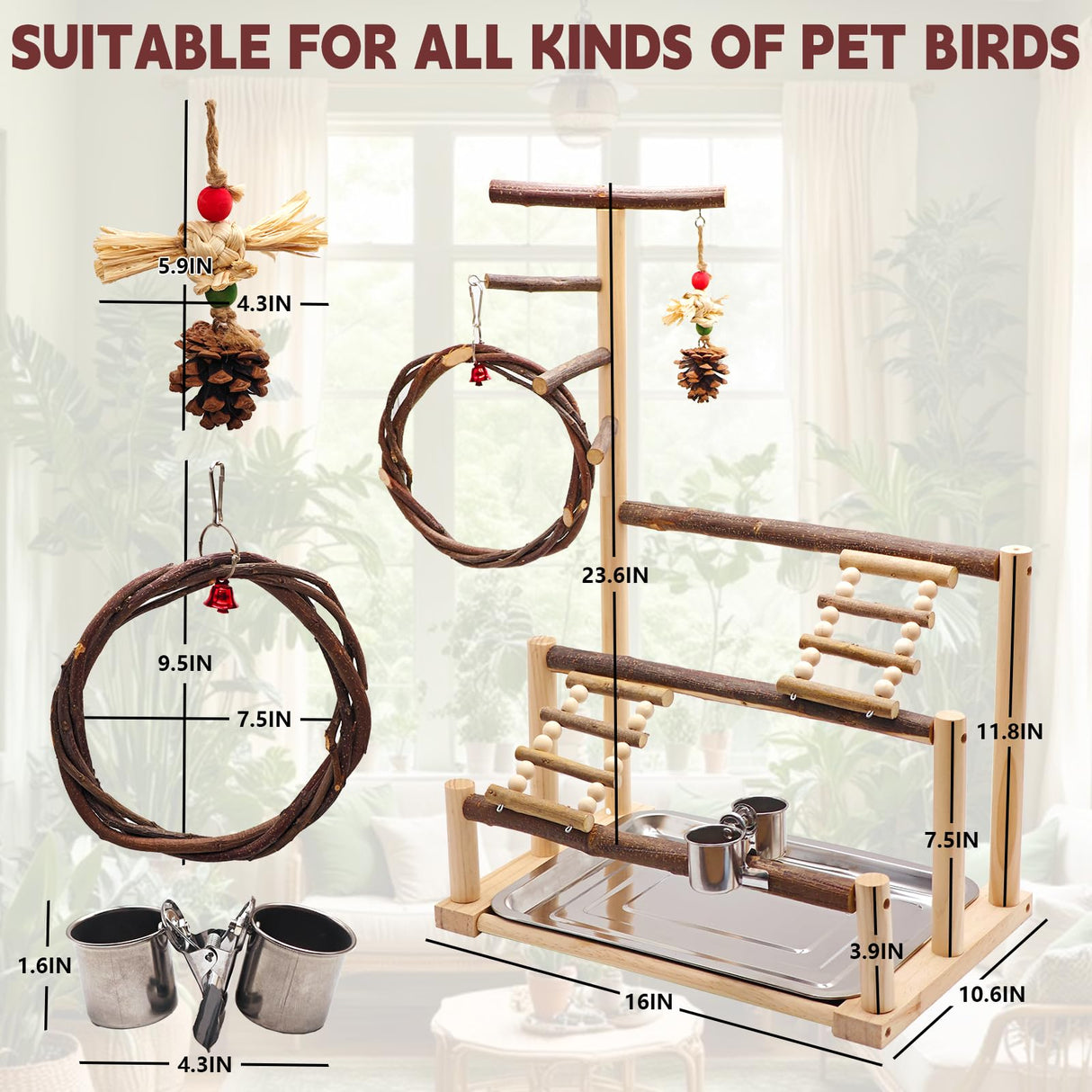 Bird Playground, Natural Wooden Parrot Stand with Feeding Cup, Swing, Chew Toy, and Other Cage Accessories. Bird Perch for Most Birds Including Cockatiels, Budgerigars, Grey Parrots, and More