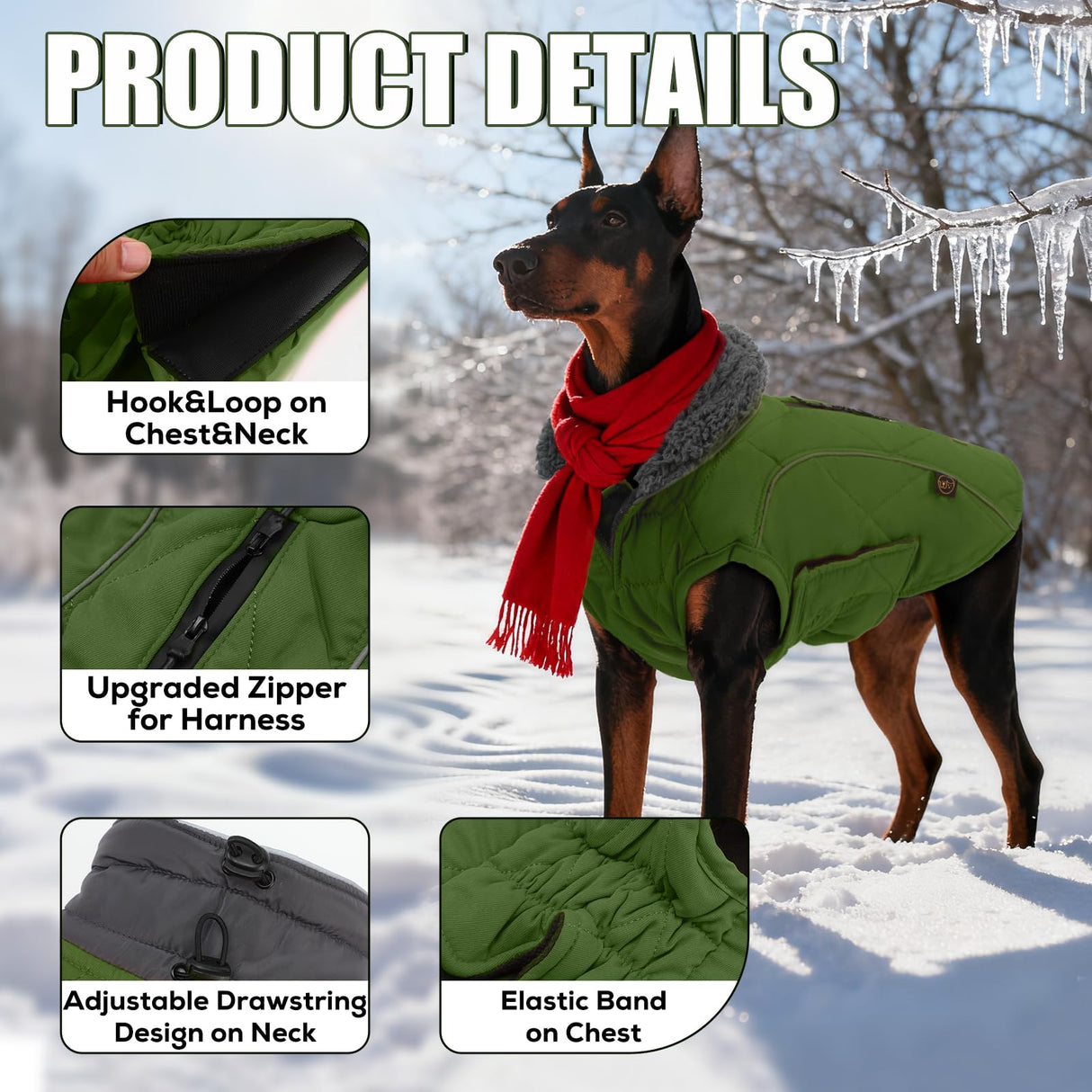 EMUST Winter Coat for Large Dogs, Windproof Dog Jacket for Cold Weather, Extra Warm Pet Winter Clothes for Small Medium Large Dogs, Green, XXL