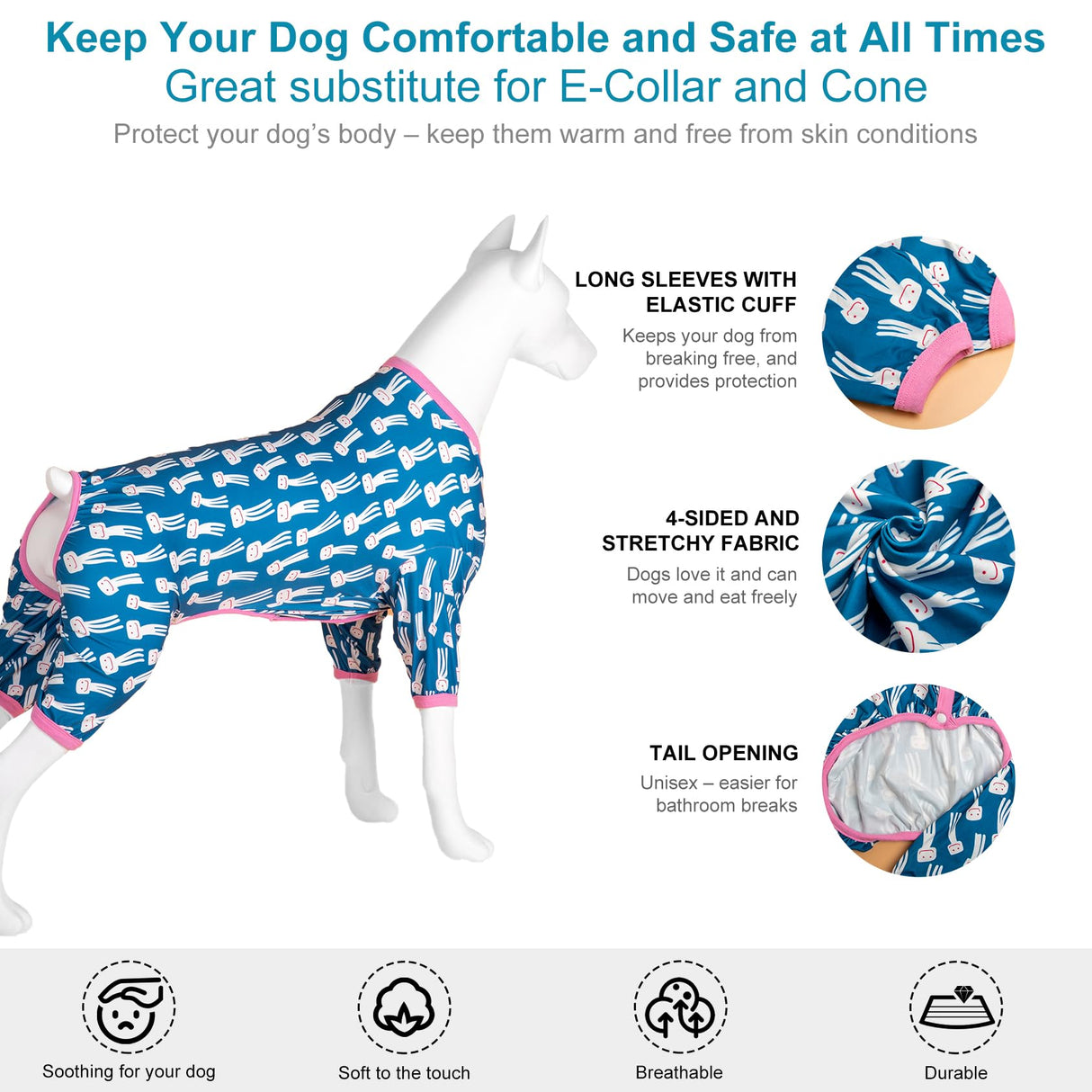 LovinPet Large Dog Jumpsuit, Dog Pjs, Lightweight Stretchy Fabric, Blue Octopus Print Dog Jumpsuit, Onesies for Dogs, Pitbull Shirt, Pajamas for Pitbulls, Easy to Wear Large Dog Clothes,2XL