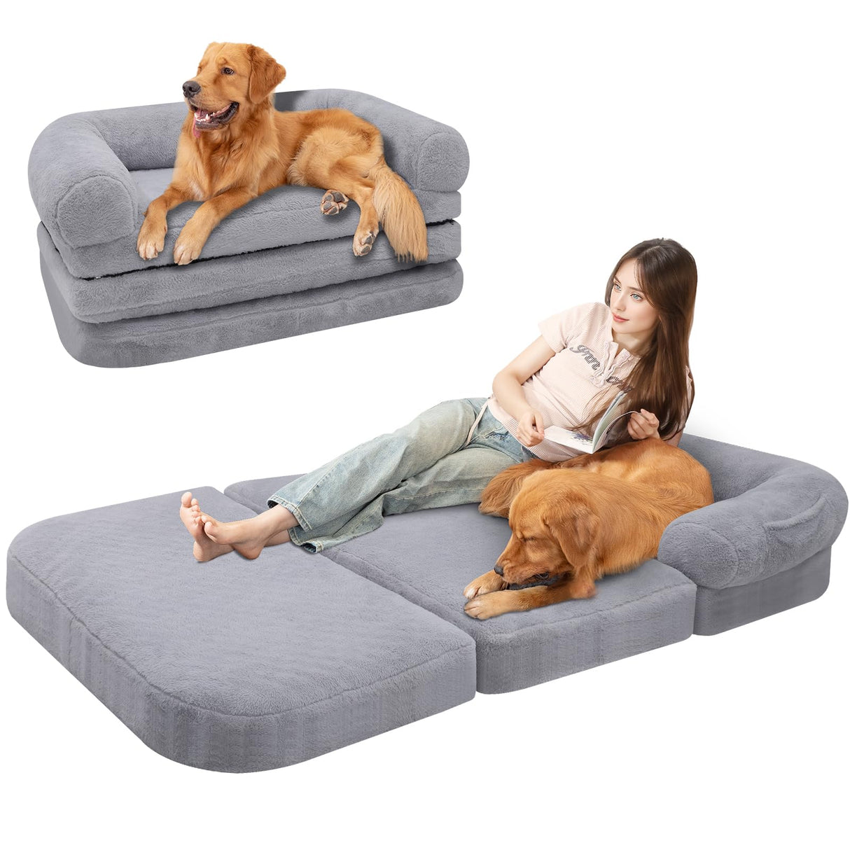 ondware Foldable Human Dog Sofa Bed, 73x42x10 in Plush Pet Bed with Egg Foam Mattress, Portable Dog Bed for Adults, Camping Indoor Use