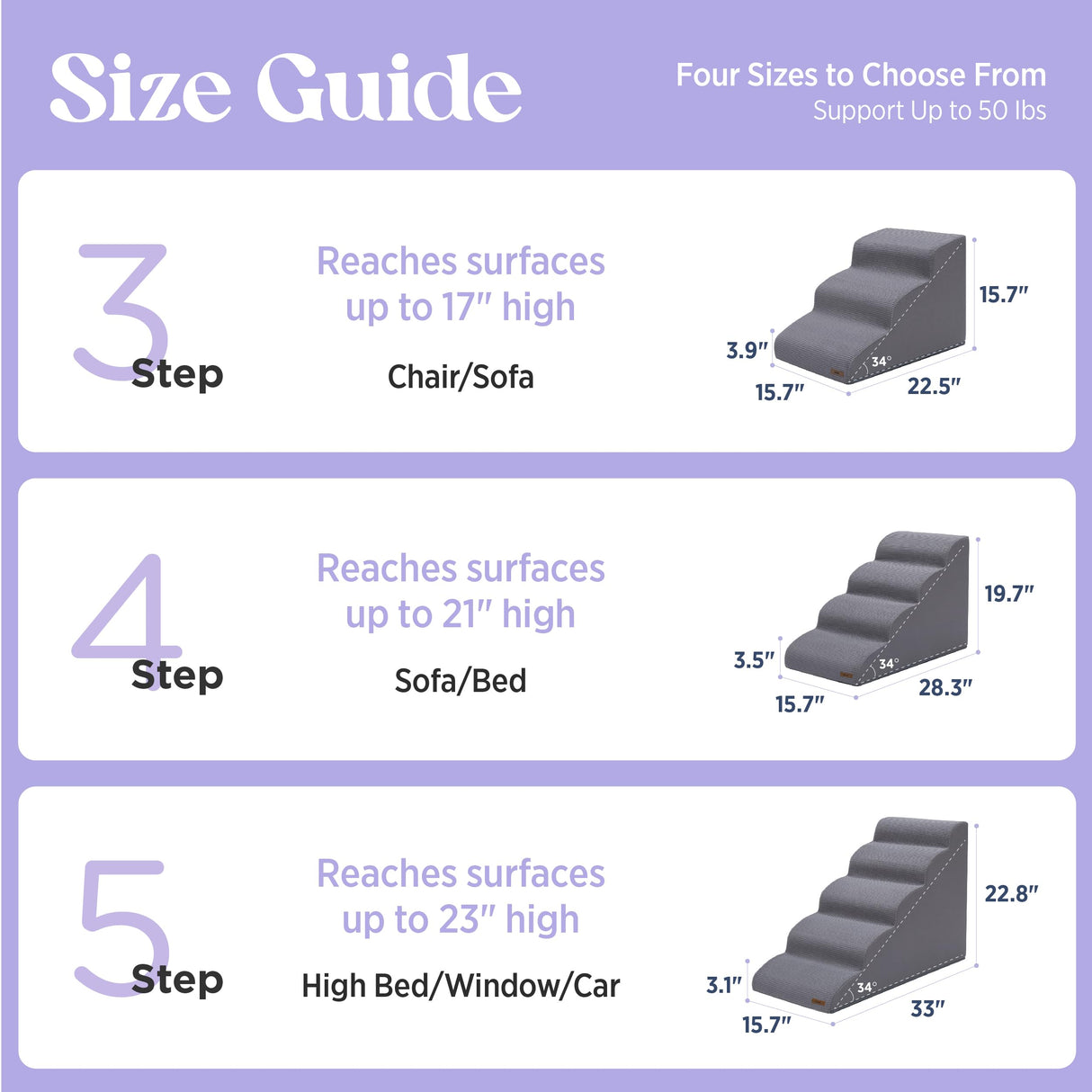 Lesure Dog Stairs for Small Dogs Pet Steps Ramp for High Bed and Couch with CertiPUR-US Certified Foam with Non-Slip Bottom, Grey, 4 Steps