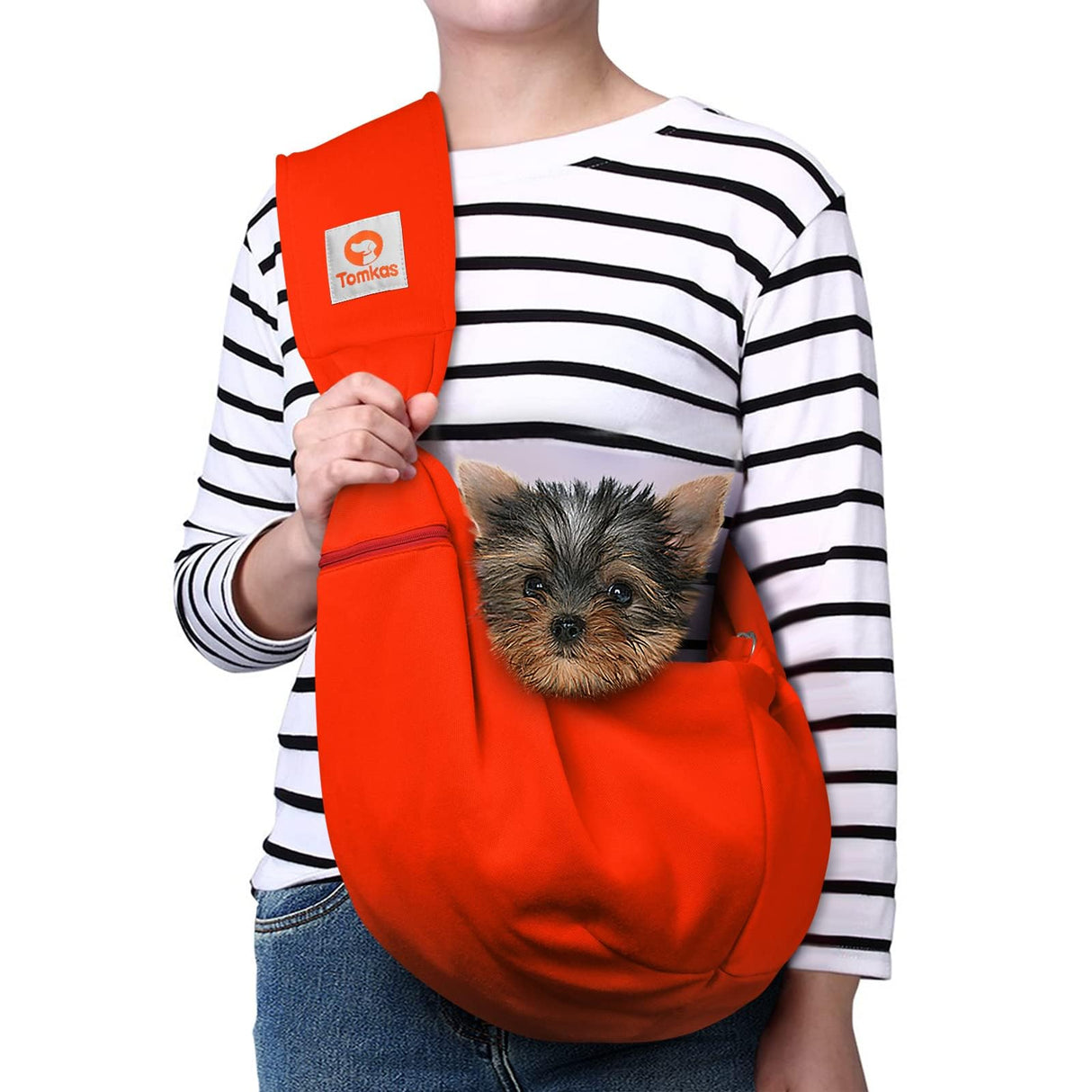 Tomkas Small Dog Sling Carrier - Zipper Pocket & Adjustable Strap - for 3-10 lbs Pets(Red)