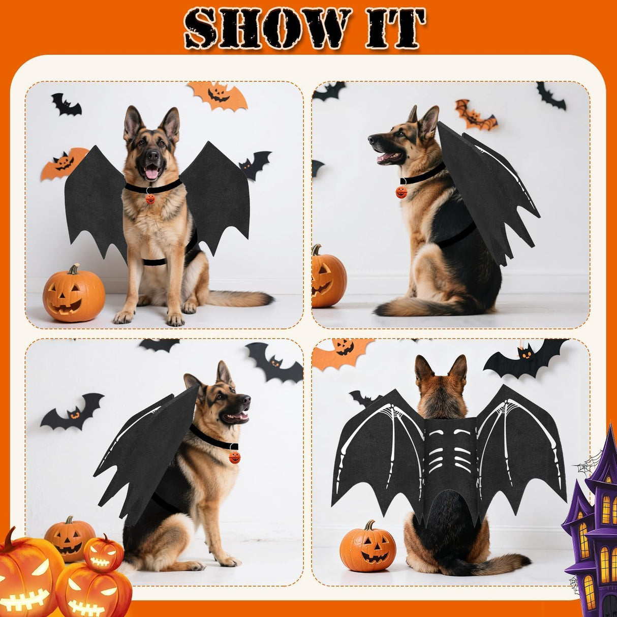 Olanrun Large Dog Halloween Costumes, Adjustable Dog Bat Wings Costumes for Large Dogs with Pumpkin Bell Skeleton Print On The Back, Pet Costume Halloween Cosplay Party Dress Up, XL Black