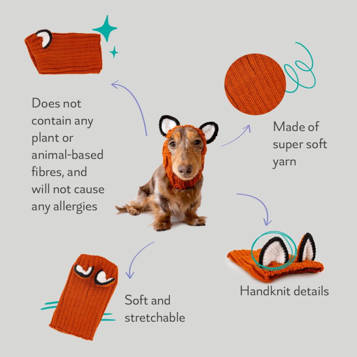 Zoo Snoods Fox Costume - Knit Dog Snood Ear Wrap for Pets, Warm Neck Cover for Halloween and Winter (Small)
