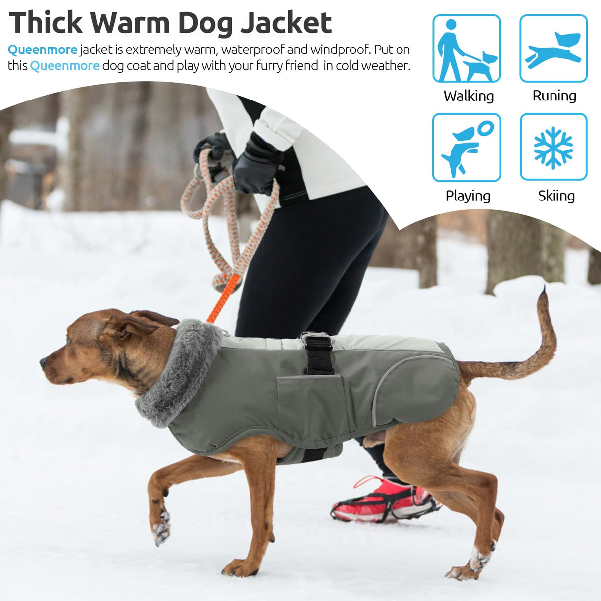 Queenmore Dog Winter Jacket, Fleece Dogs Vest for Winter, Dog Cold Weather Coats, Puppy Coats for Medium Breeds Waterproof, Pet Snowsuit with Leash Hole, Grey, M