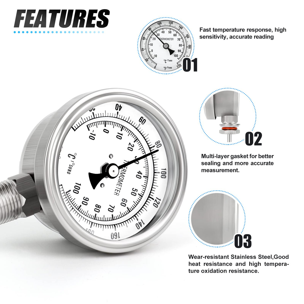 MEANLIN MEASURE 1/2" NPT Bimetal Thermometer for hot Water, boilers, and Pipes,3.3" Dial, 4.4" Stainless Steel Stem,Temperature Range 0-220°F/-10-100 ° C, Accuracy 2%,Lower Mount
