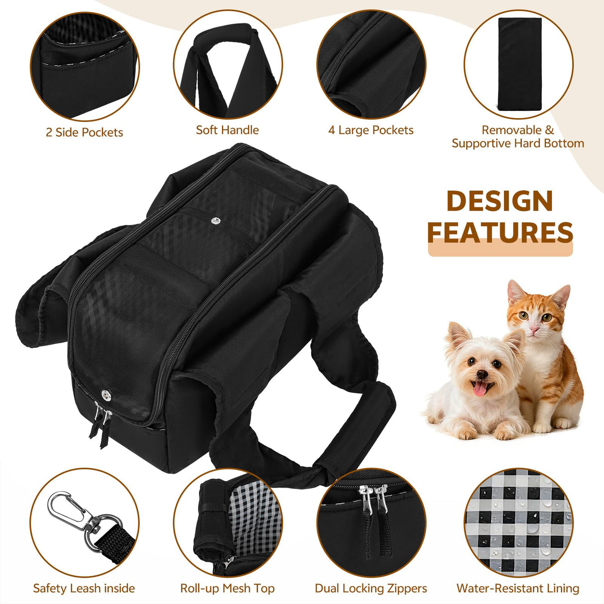 Dog Purse Carrier for Small Dogs and Cats, Soft-Sided Pet Tote Bag with 6 Large Pockets, Collapsible Travel Puppy Carrier, Fits Pets up to 16 lbs (Black, 17.5" L x 8" W x 12" H)