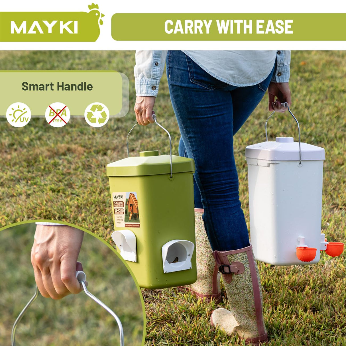 MAYKI Chicken Feeder and Waterer Set, 3 Gallon/26 LB No Waste Poultry Feeding System with Hanging Option, Automatic Coop Accessories for 10 Hens, Upgraded Feeder Port Water Cup, BPA-Free Winter Design