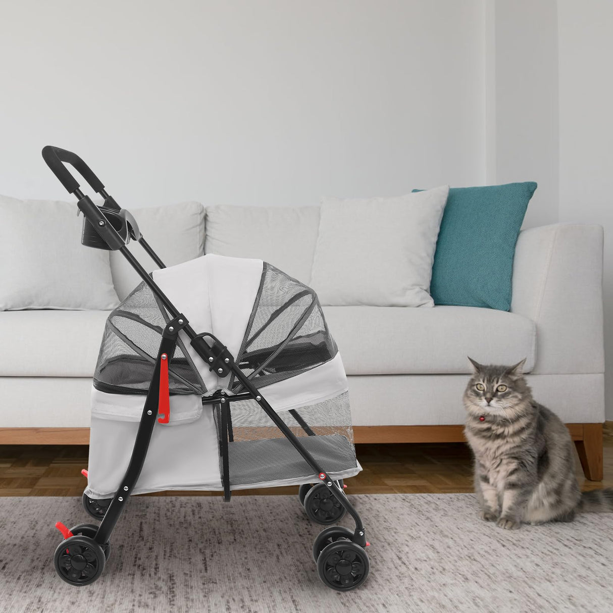 Dog Stroller with Casters, 40LBS Capacity Foldable Cat Pet Stroller with Storage Basket&Cup Holder, Foam Handle, Steel Frame for Small Medium Dogs Cats(Light Grey)