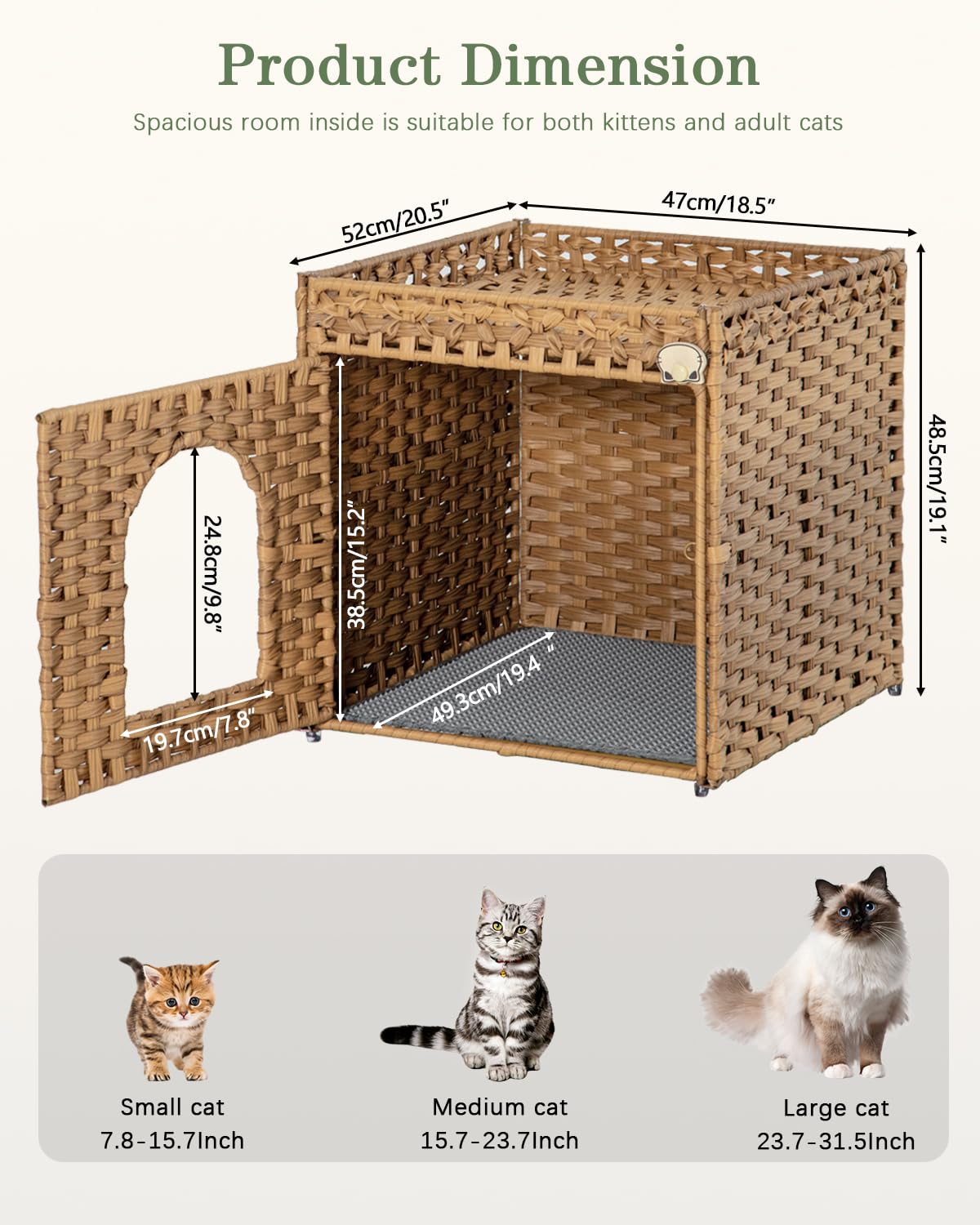 SETVSON Cat Litter Box Enclosure Furniture, Hidden Litter Box with Mat and Fence, Handwoven Rattan Cat House with Two S-Shaped Hooks for Living Room, Bedroom, 18.5 x 20.5 x 19.1 Inches (Natural)